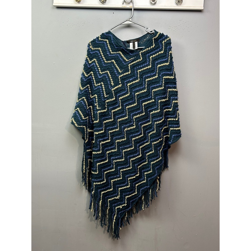 BCBGMAXAZRIA Geometric‎ Zigzag Knit Poncho Fringe One Size Teal Blue Yellow